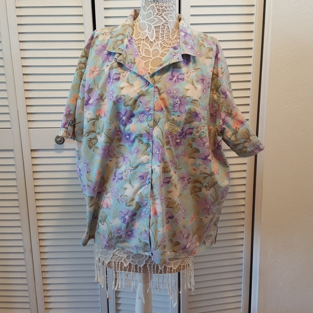 Pastel floral button-down blouse